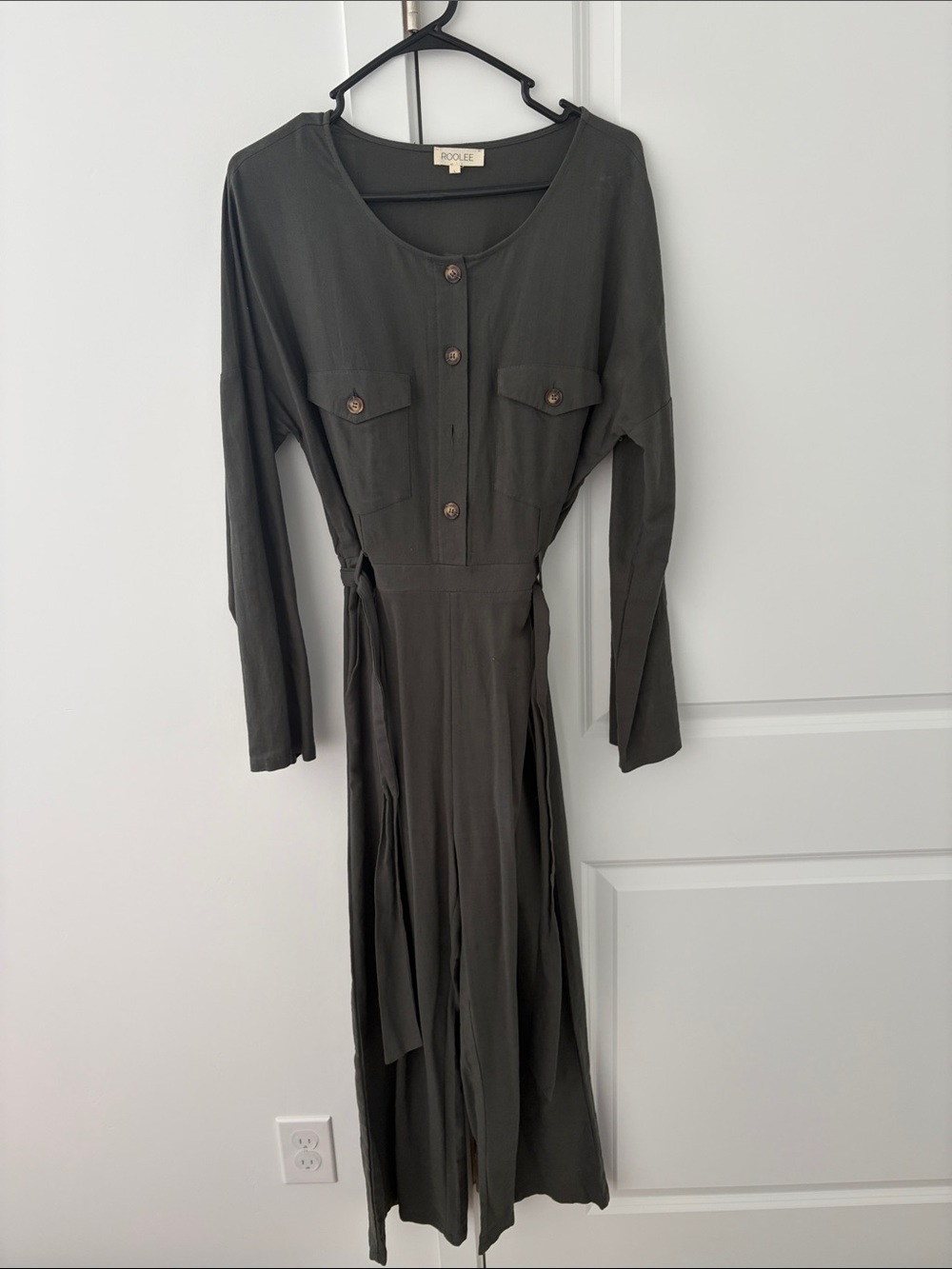 Roolee Olive Green Long-Sleeve Button-Front Jumpsuit